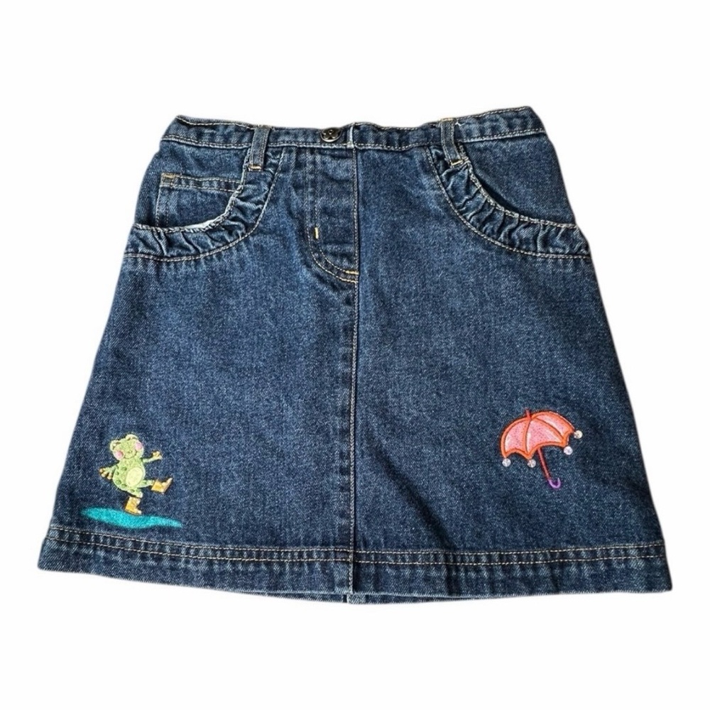 Toffee Apple 90s Vintage Denim Embroidered Frog Umbrella Jean Denim Skirt Size 5